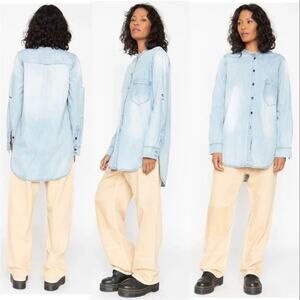 #210 NWT FREE PEOPLE x SANDRINE ROSE Mandarin Neckline Raw Edge Denim Shirt SzSm